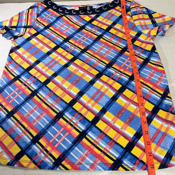 Rafaella Women Top Size L Large Blue Yellow Plaid Eyelet Collar Short Sleeve - Picture 8 of 9
